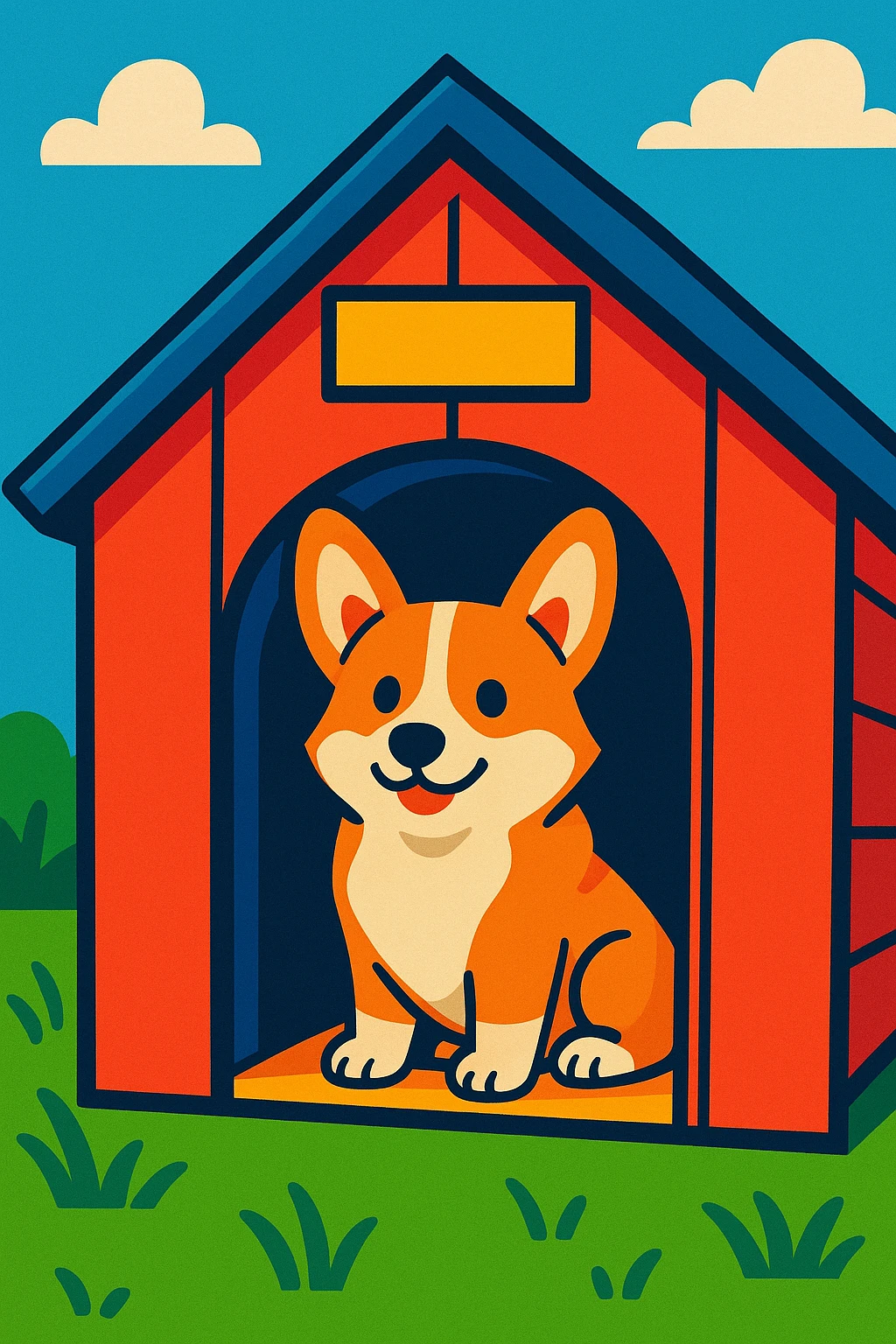 red dog house with a Corgi dog inside, Corgi visible through the doorway, vibrant style emoji