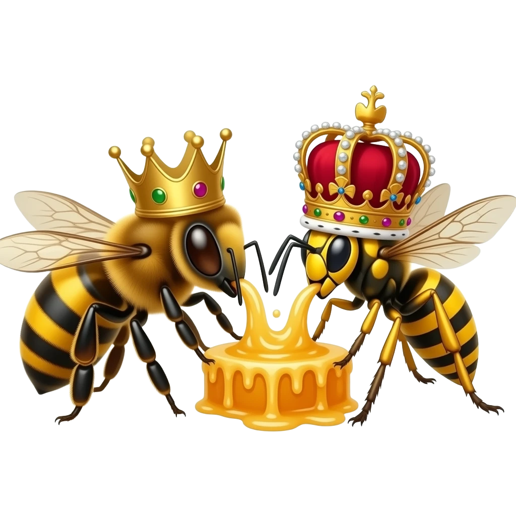 Make a Queen honeybee aith an crown and king Wasp with an crown eating honey emoji