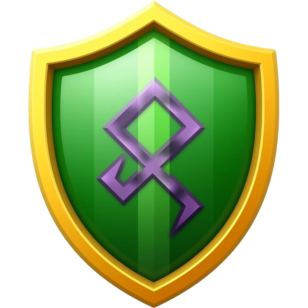 The Guardian (🛡️): “Stylized shield in vibrant green with purple runes on the surface and golden yellow border, protective mystical emblem, clean flat illustration with soft glow” emoji