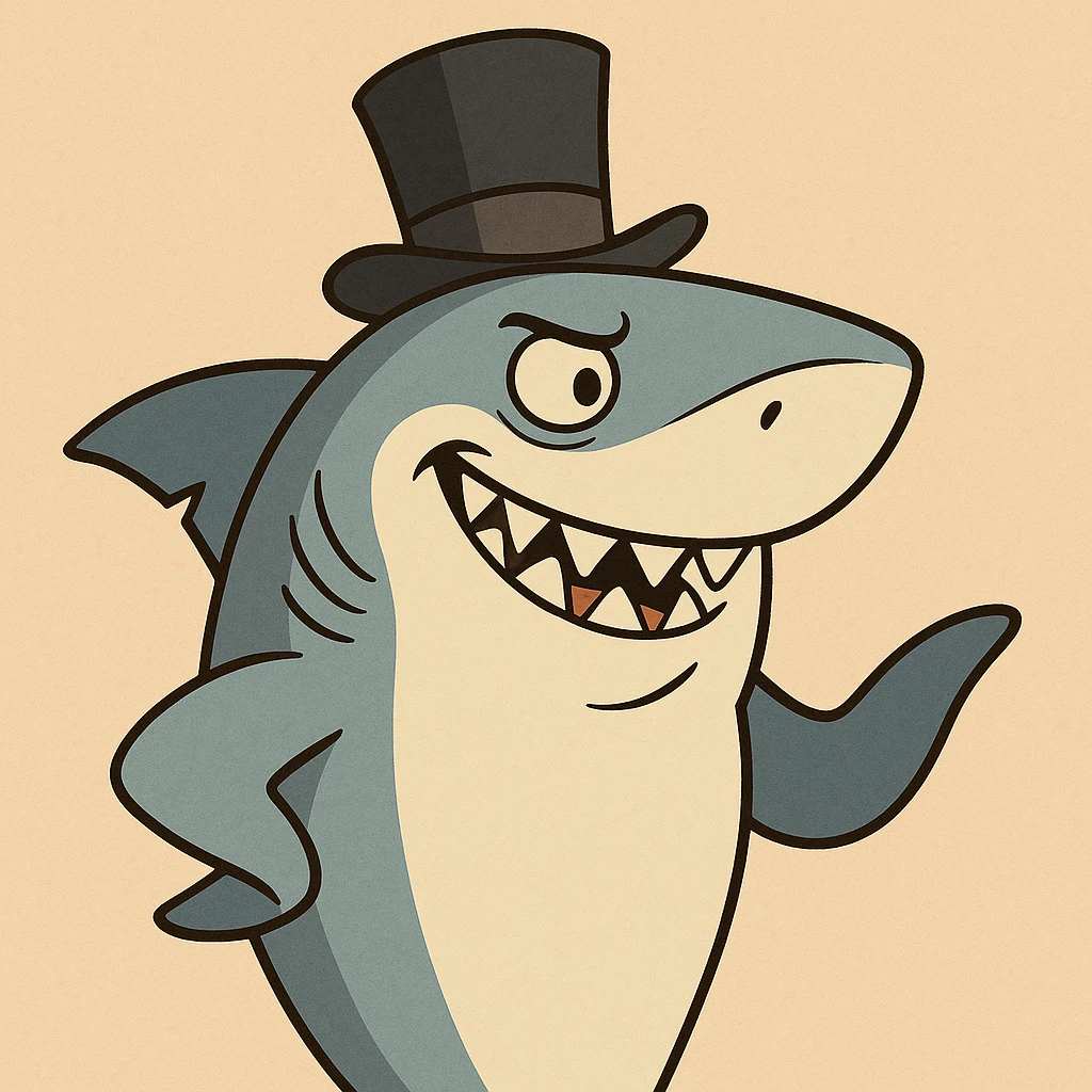 shark with a top hat, cartoon style, flat toon style emoji