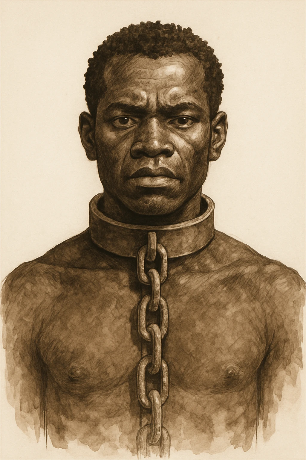 Сгенерируй мне в чуть рисованном стиле африканского раба, и на шее у него оковы с цепью, он смотрит четко прямо без эмоций. На белом фоне emoji