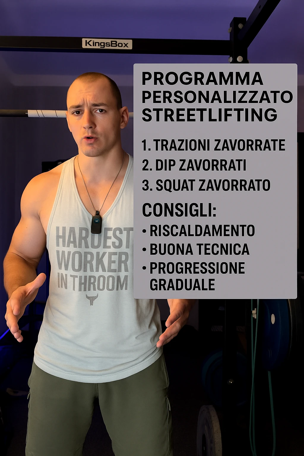 Uomo che crea un programma personalizzato per un suo cliente, sullo streetlifting, tutto in italiano emoji