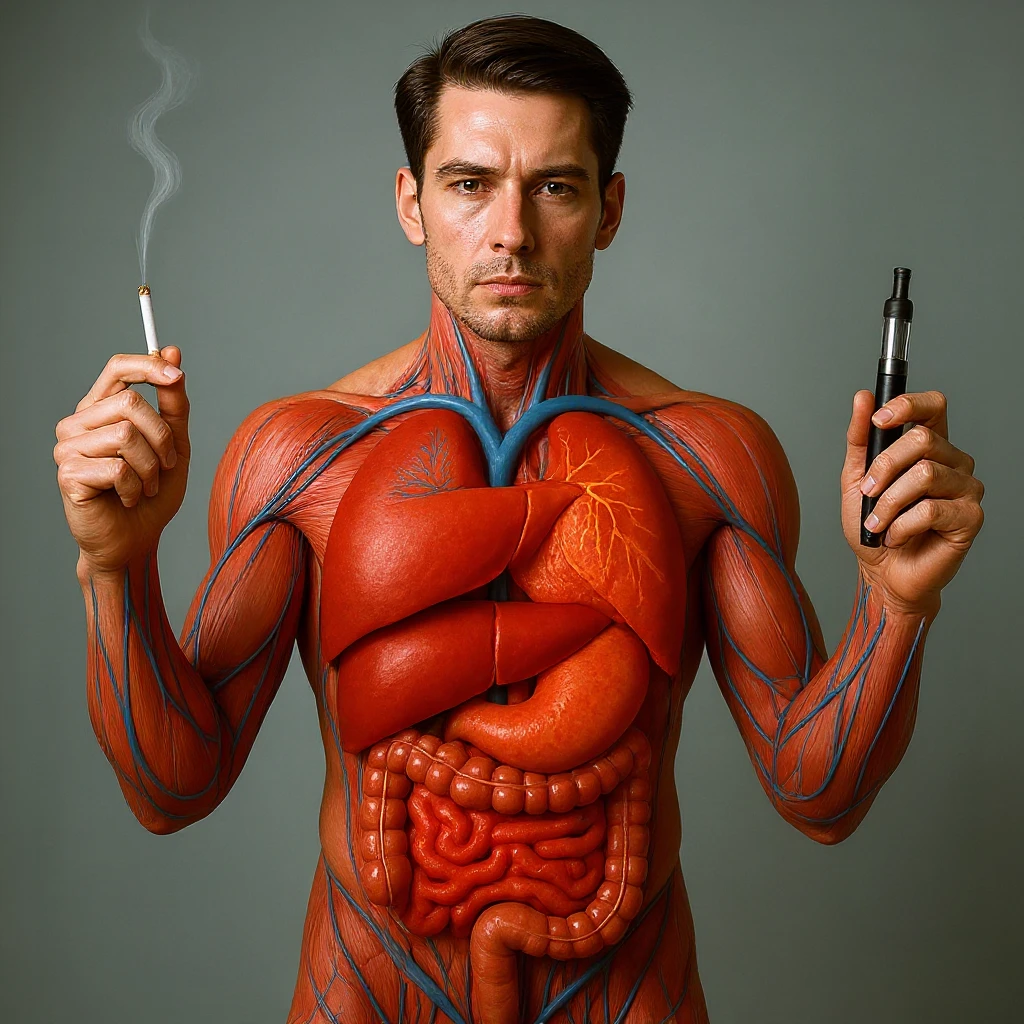 Hyperrealistic 4K vertical 9:16 medical illustration, realistic human anatomical body, inflamed liver and intestines highlighted, man holding a lit cigarette in the right hand and an electronic cigarette in the left, style identical to the reference image. emoji