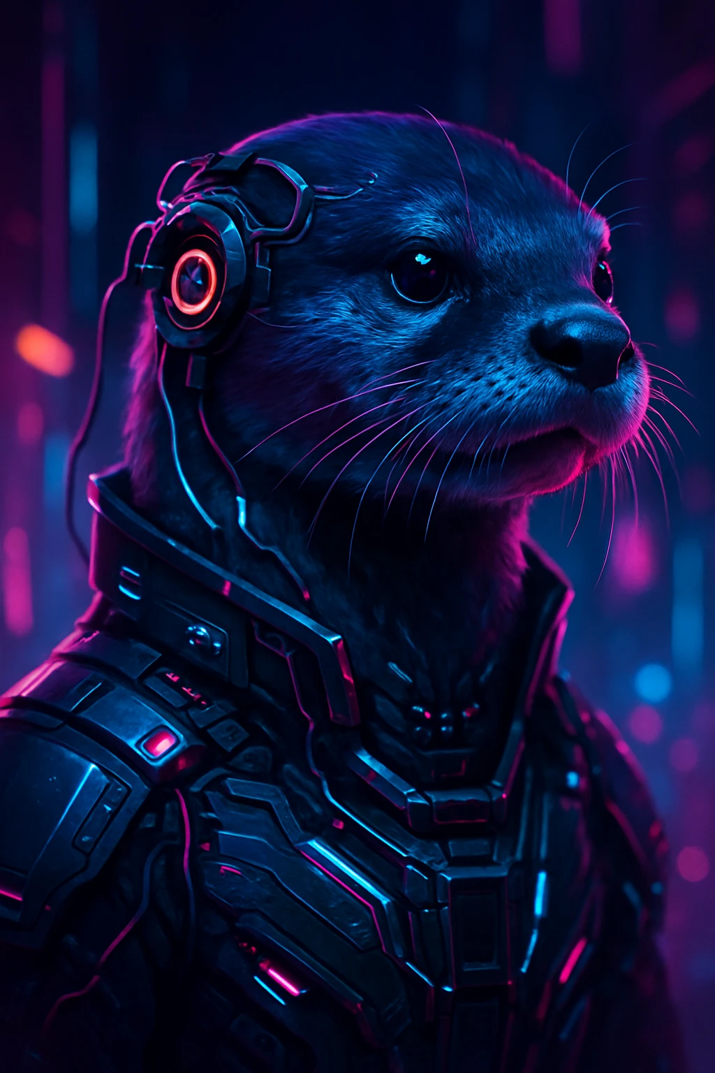 futuristic otter portrait with neural interface, neon reflections, sleek cyberpunk style emoji