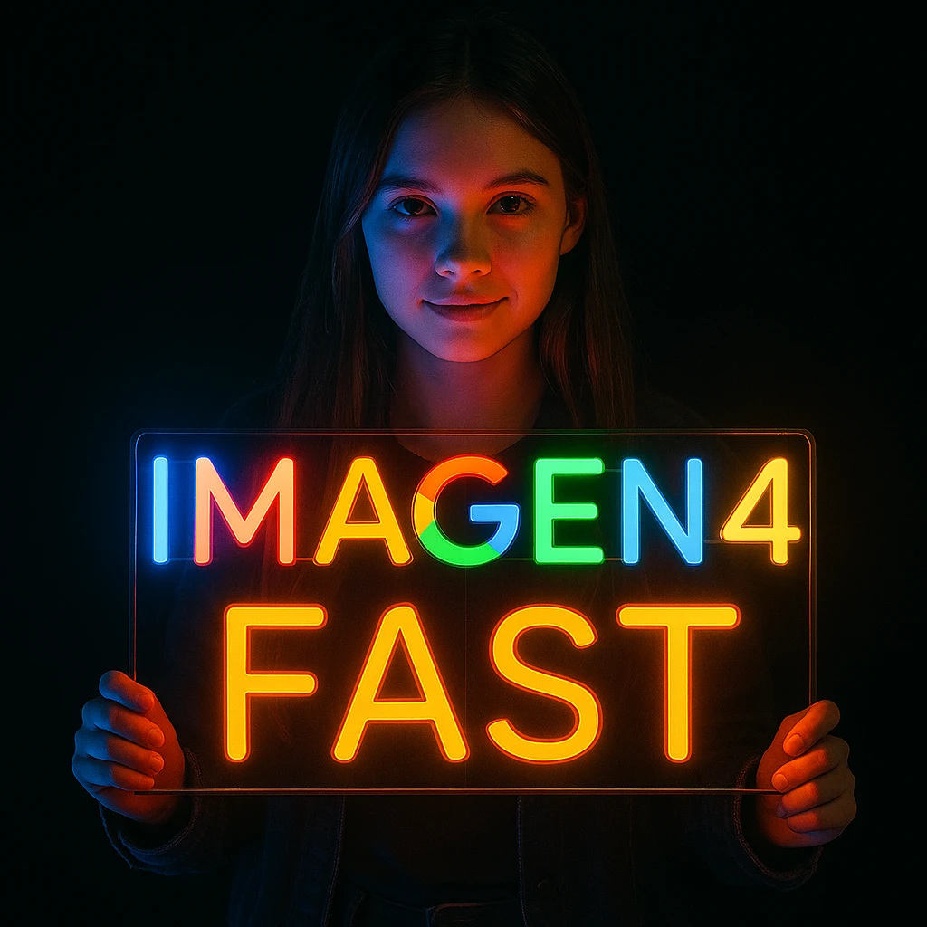 make a girl holding this sign, but sign in made of neon, also add fast below the sign emoji