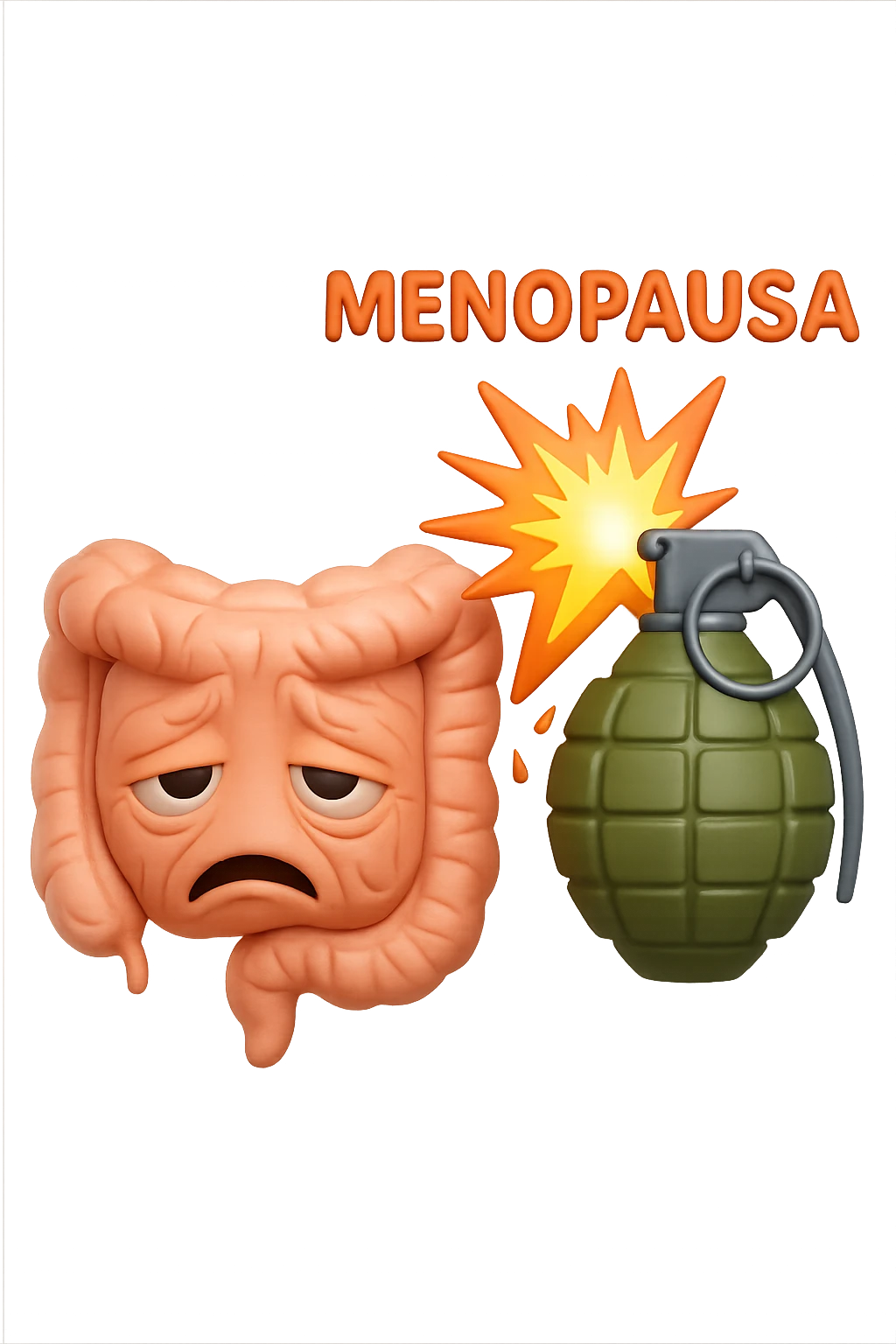 EMOJI STILE IPHONE 3D DI INTESTINO ANZIANO CON RUGHE SFINITO CON ESPRESSIONE STANCA, ACCANTO A LUI SCOPPIA UNA GRANATA 3D CON LA SCRITTA "MENOPAUSA" SOPRA emoji