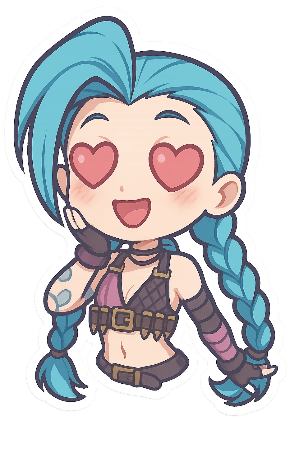 Jinx from League of Legends with heart-shaped eyes, chibi style, wearing a purple outfit emoji