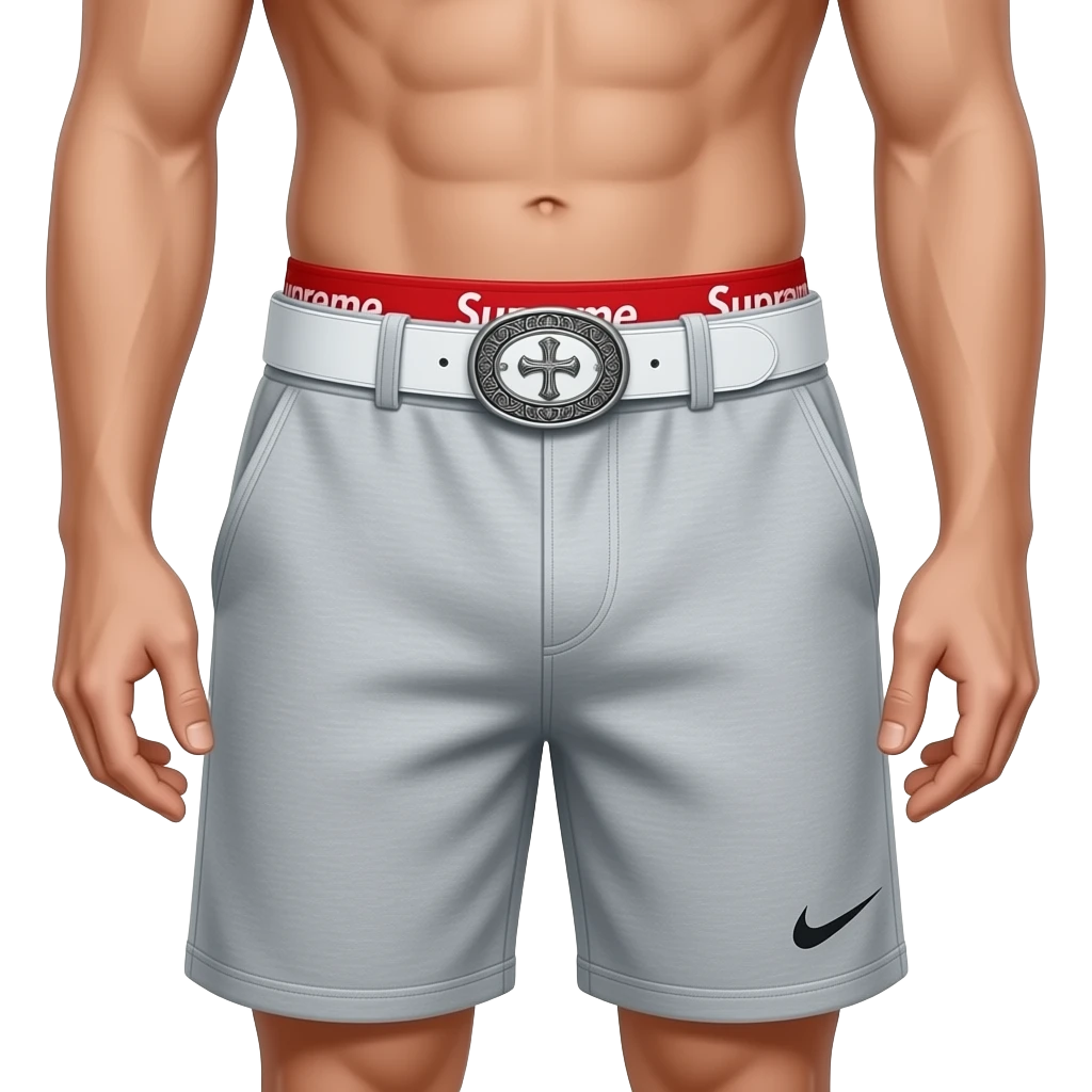 (waist to below knee) of lean male. Features a visible red Supreme boxer waistband above grey Nike Tech Fleece shorts. Secured by a detailed white leather Chrome Hearts style belt with an ornate silver oval filigree cross buckle emoji