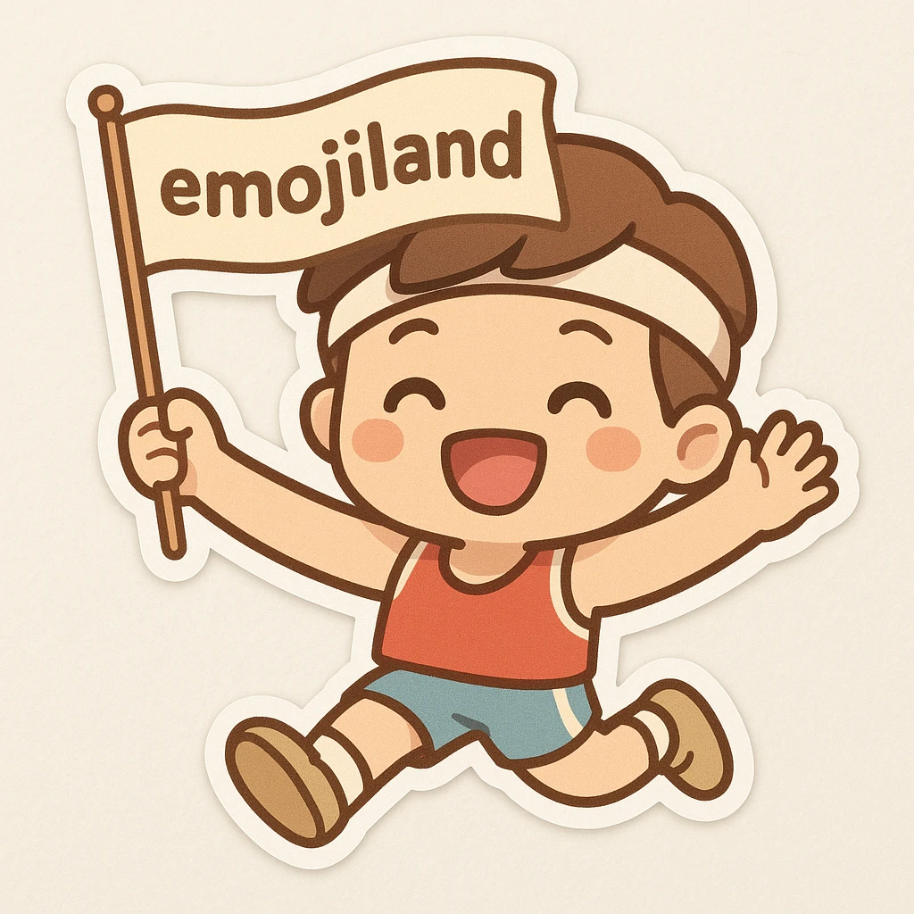 happy runner waving a flag that says 'emojiland' emoji