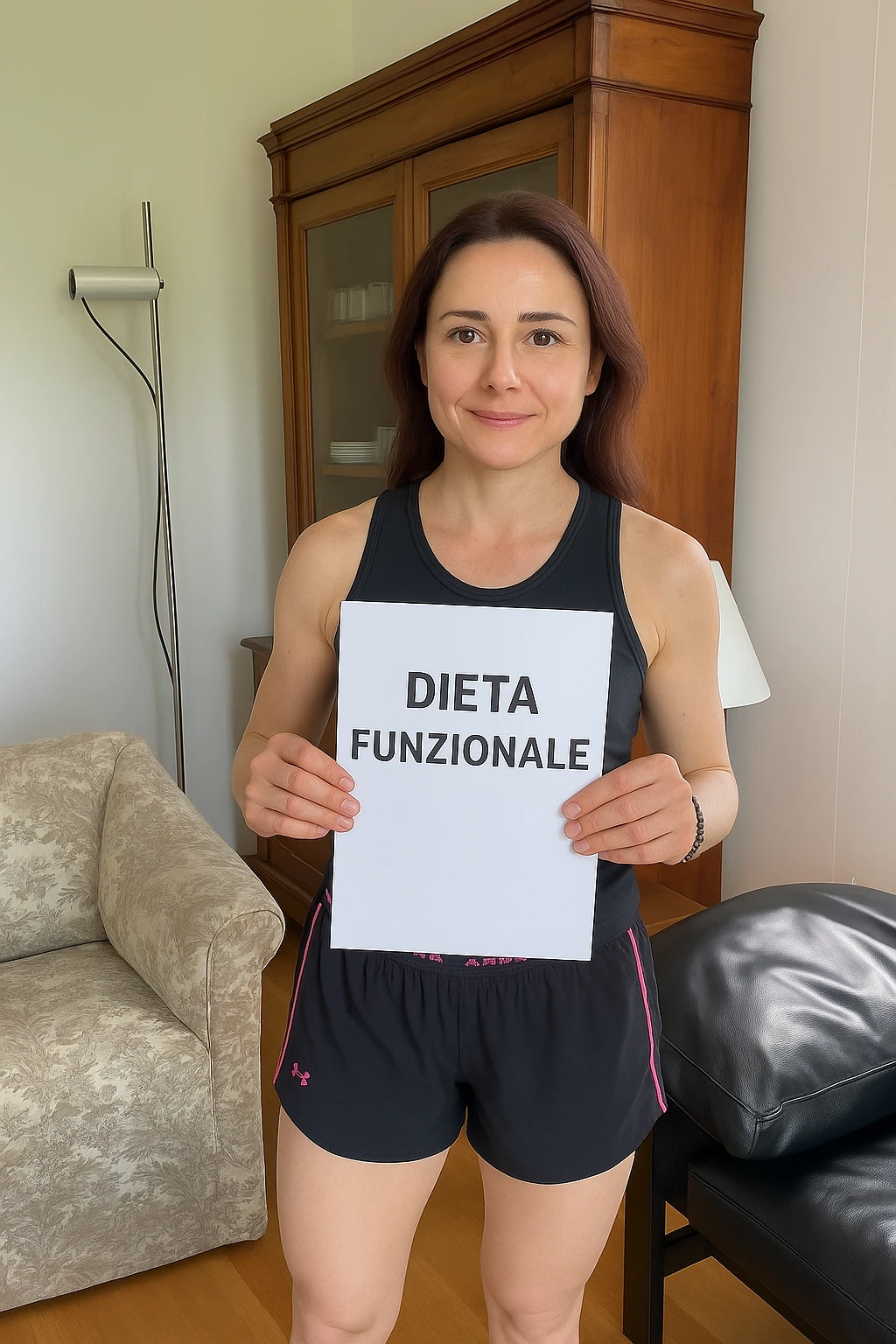 Donna con in mano una dieta con scritto "Dieta Funzionale" emoji