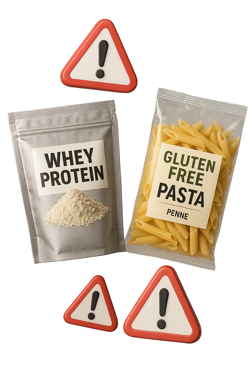 SU QUESTO STILE FAI UN EMOJI STILE IPHONE 3D DI UN pacco di whey protein e un pacco di pasta senza glutine che fluttuano in aria insieme a segnali di pericolo in 3d, FALLO MOLTO REALISTICO IN 3D emoji