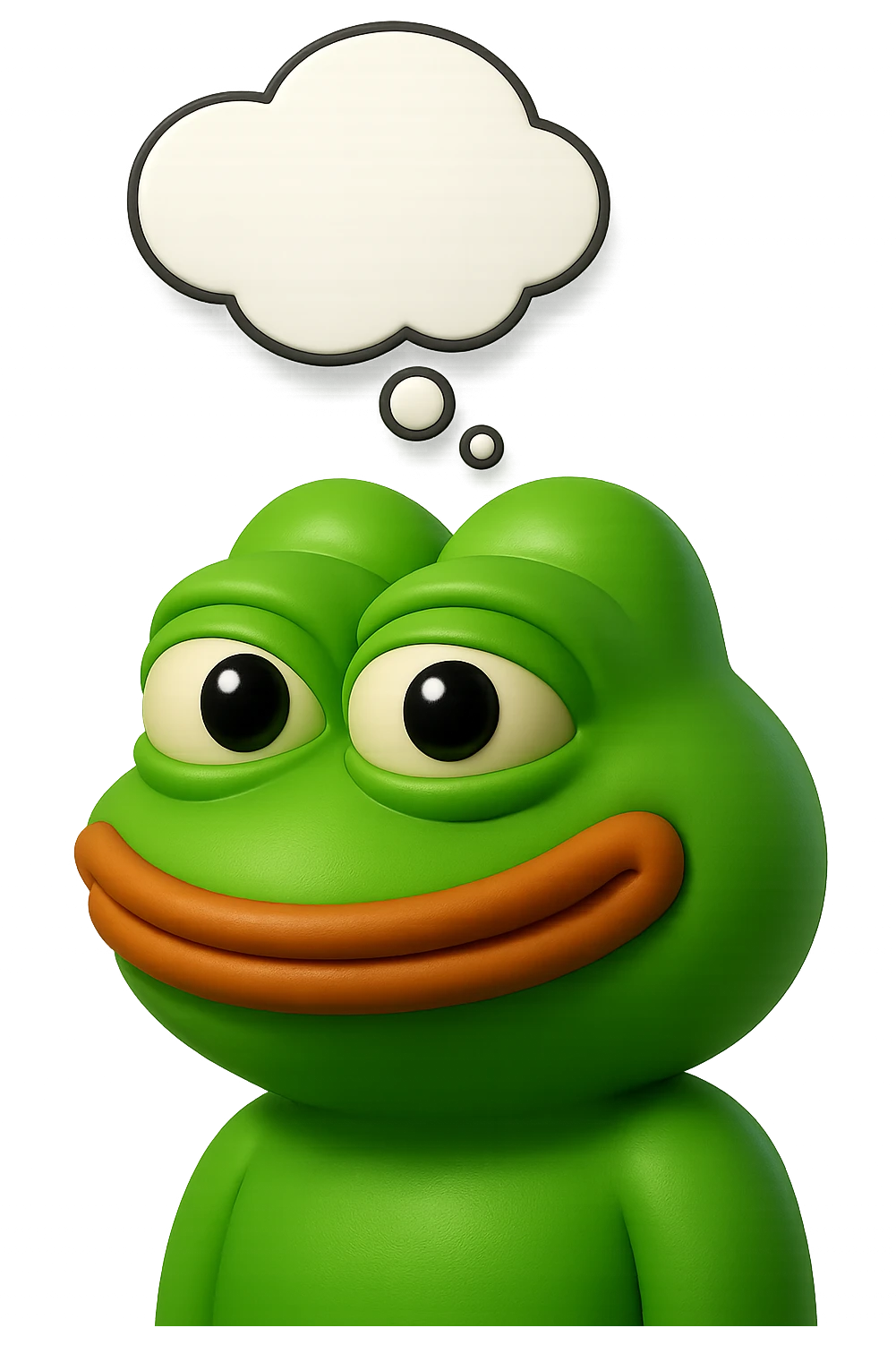 make a pepe in bright green smiling with thought bubble looking at right side in 3d style, good highlights and shadows, drop shadows emoji
