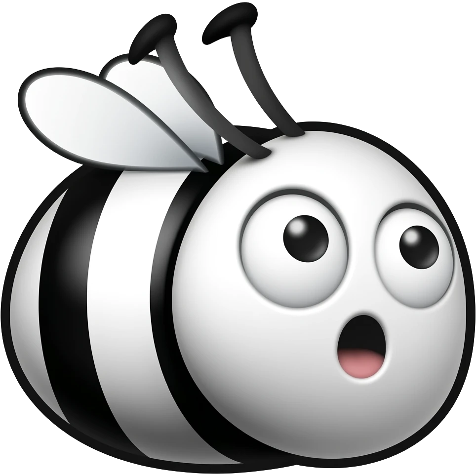 minimalist flat icon, shocked bee emoji, black and white cartoon bee, thick bold outlines, white body with black stripes, huge round eyes wide open, open mouth surprised, transparent background, flat style, simple shapes emoji
