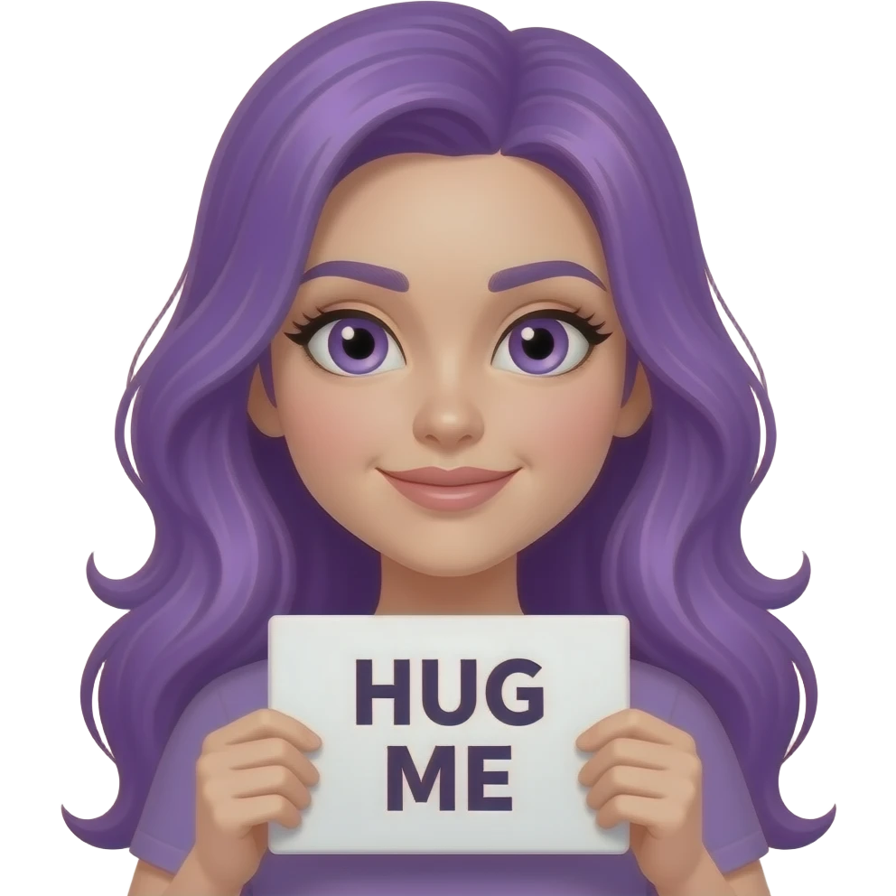 sexy girl with long purple hair and purple eyes holding HUG ME sign emoji