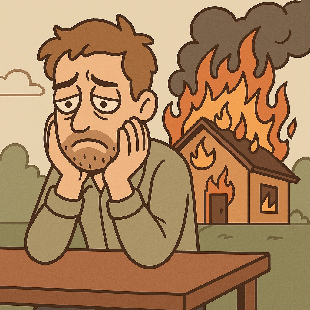 a man sits sadly at a table, a house is burning behind him, cartoon style emoji