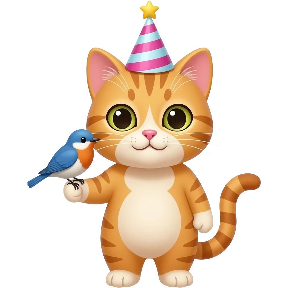 a female cat wearing a birthday hat holding a bluebird emoji