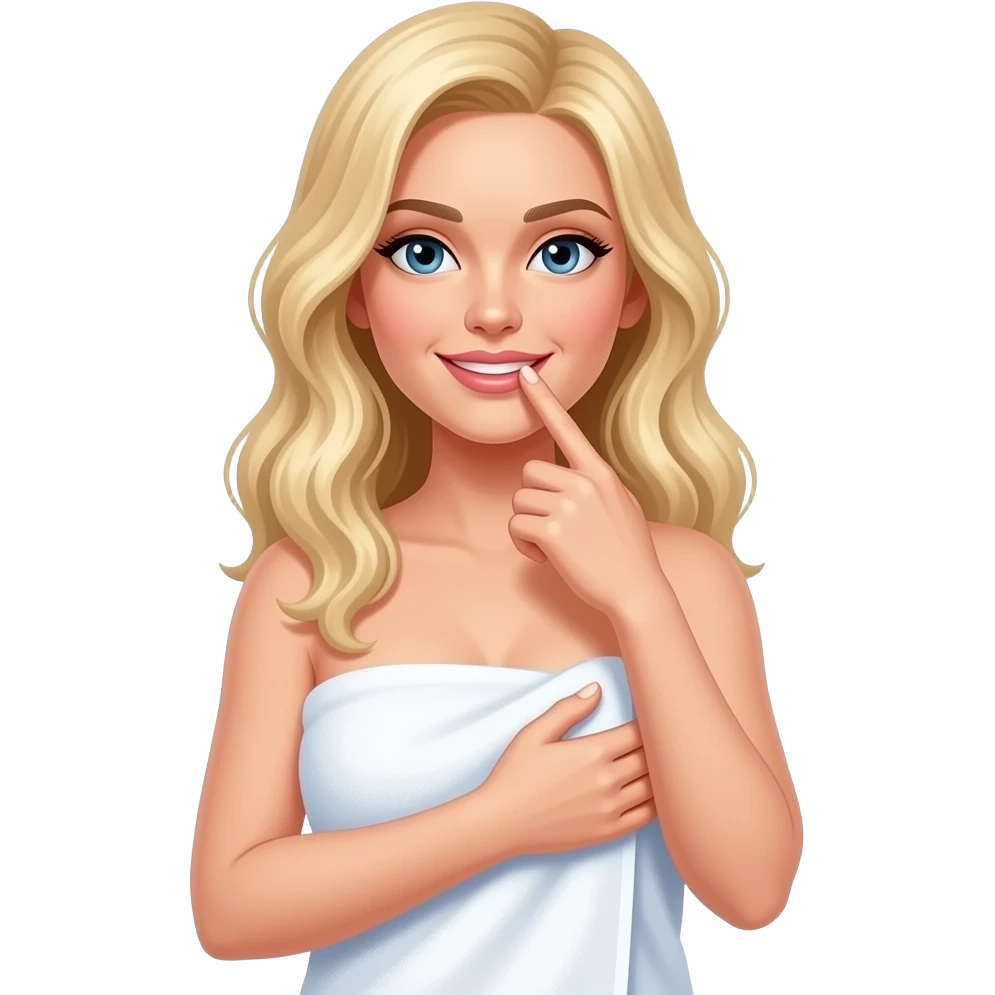 A blonde with a towel wrapped around her waist. She is holding one breast with her left hand. She is biting the finger on her right hand. emoji
