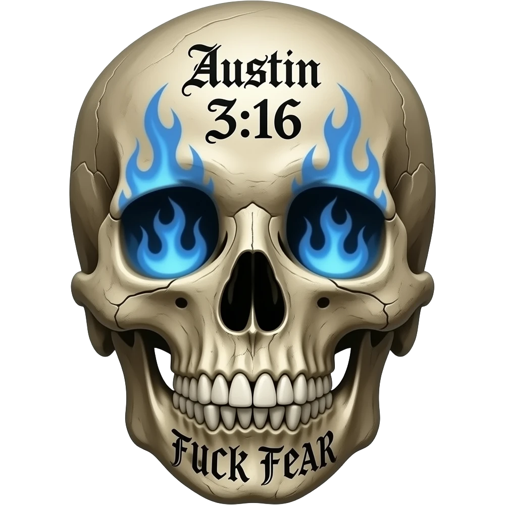 human skull, partially missing top, in same gothic font FUCK FEAR carved on jaw, slightly open, teeth chipped, Austin 3:16 carved, stacked, engraved in forehead, eye & nose cavity with blue flames, words a BLACK Gothic font, entire skull is aged, sun dried, weathered emoji