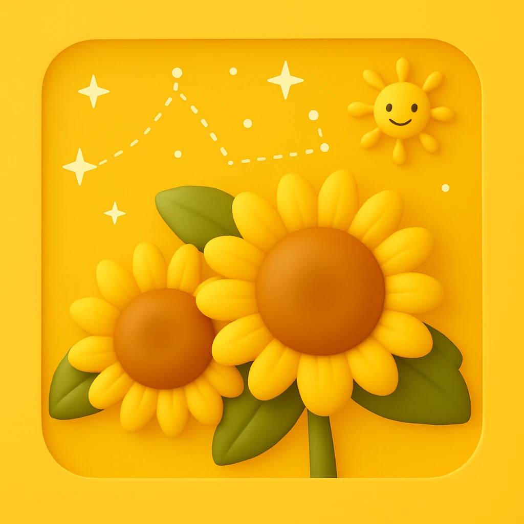 3D iOS style emoji of two sunflowers with a sun and stars in the background, mimicking the colors and composition of the reference image, add a yellow background emoji