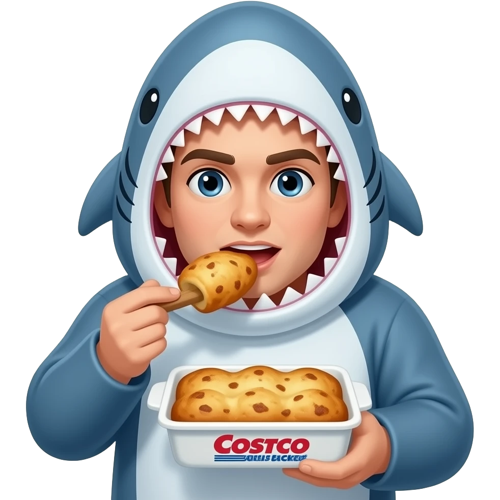 Eating a Costco chicken bake in a shark outfit emoji