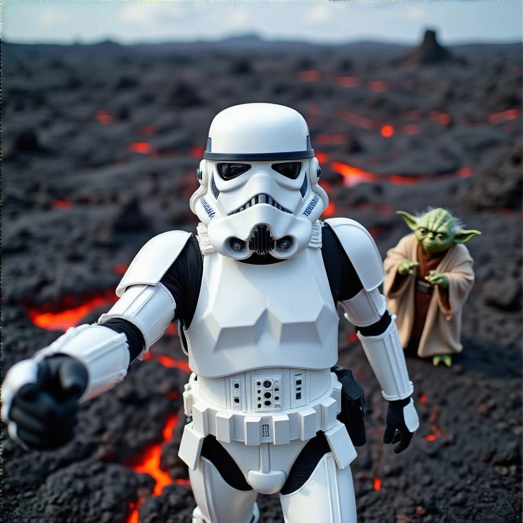 Camera POV, Starwars stormtroopers vlogging selfie, he is walking on lava planet with yoda emoji