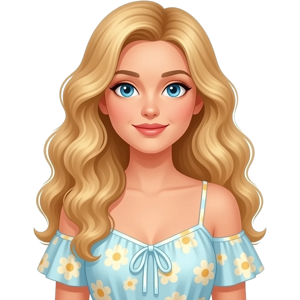 femme, cheveux longs bouclés et blonds, yeux bleus pétants, en robe emoji