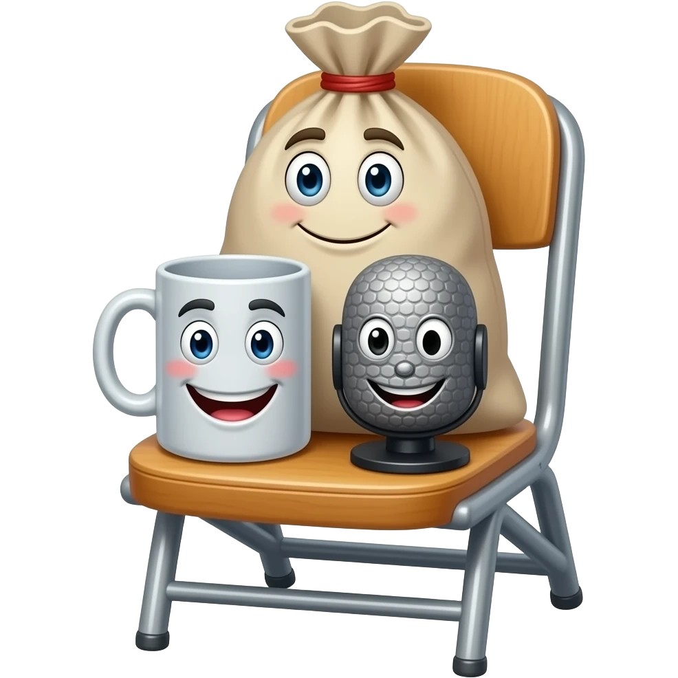 bag with face and mug with face and microphone with face setting in court chair emoji