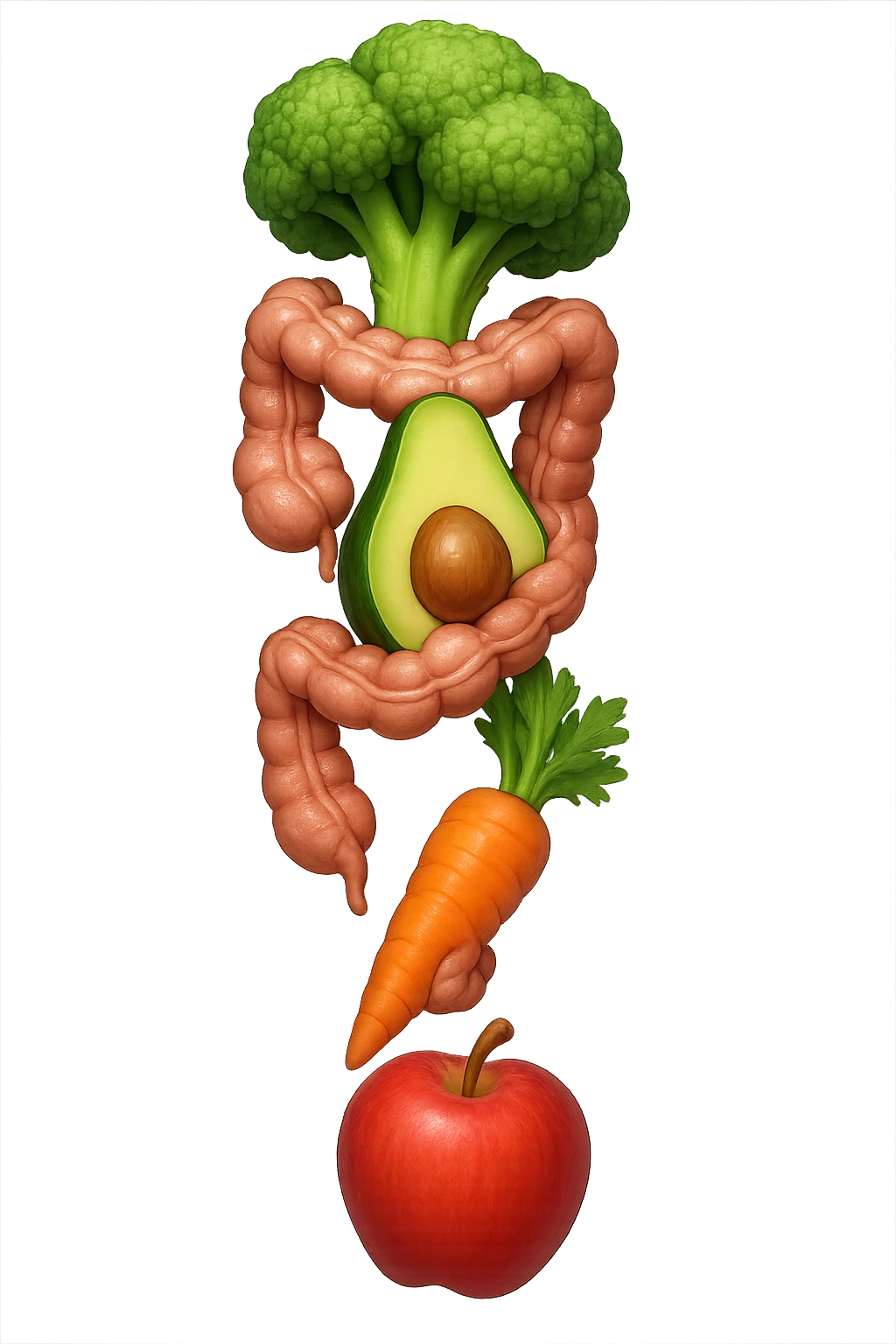cibo sano fluttua in aria verticalmente stringendo piccoli colon umani, stile emoji iphone, iperrealistico 4k emoji
