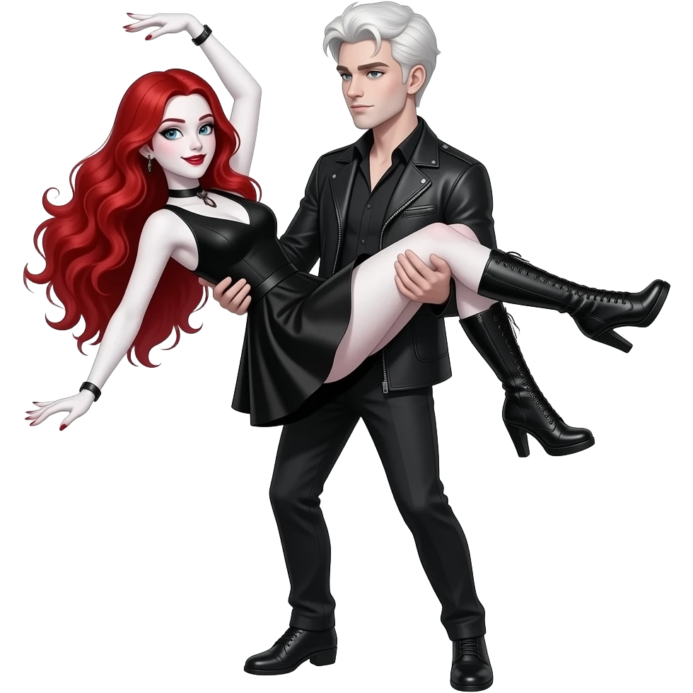 Vampiro femmina ADOLESCENTE con pelle bianca e capelli rosso ondulati lunghi che indossa un vestito corto nero e degli stivali lunghi neri con tacco e balla  con il suo fidanzato FIDANZATO con la pelle bianca che la tiene sollevata sopra di lui con le braccia emoji