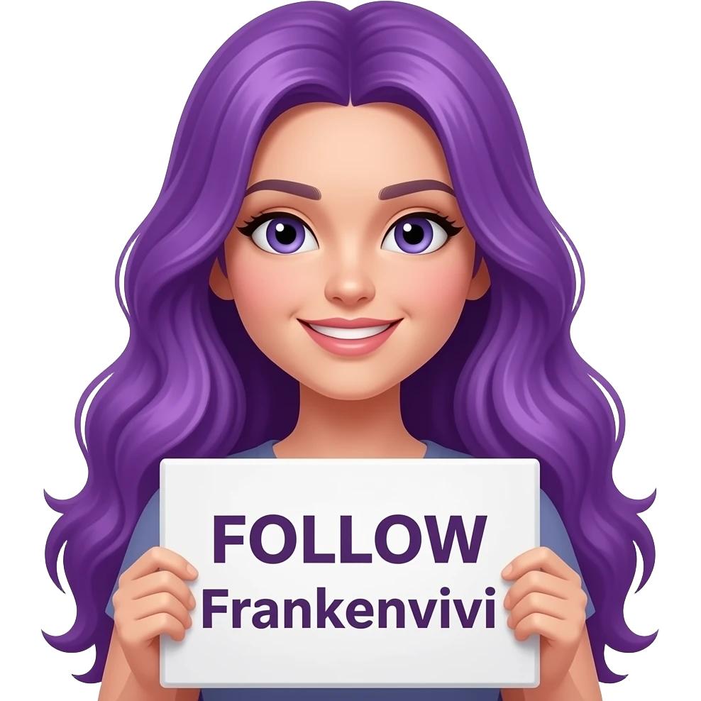 sexy girl with long purple hair holding a FOLLOW Frankenvivi sign emoji
