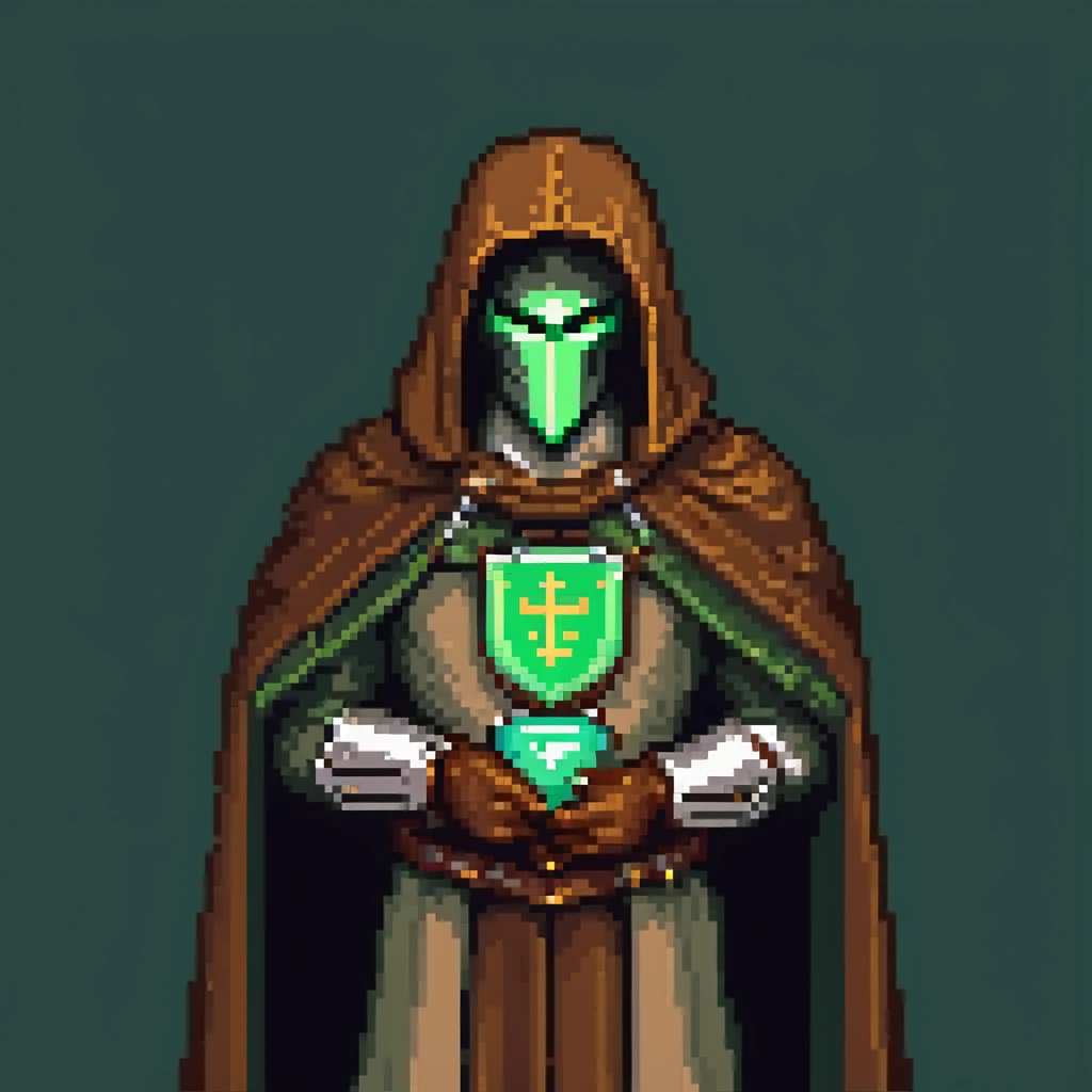 S'pht compiler from Marathon M1 (1994) wearing brown cloak and metal mantle pauldron, green light, retro polaroid screenshot, vintage game-inspired appearance, soft aged effect emoji