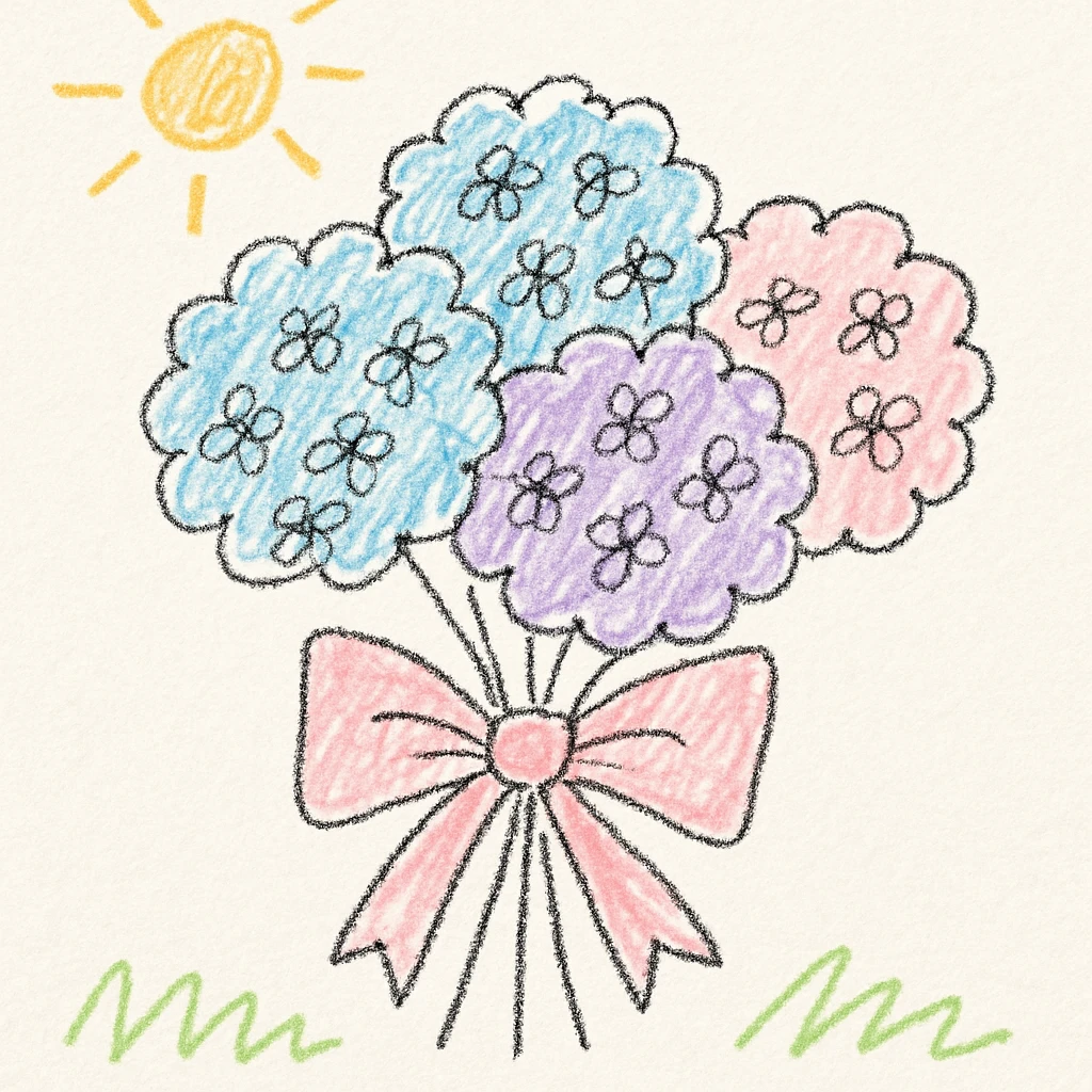 wedding bouquet of hydrangeas with a bow, pastel colors, bold clear outlines, flat color fills, sharp graphic shadows and highlights, white sticker border, cute hand-drawn cartoon style emoji