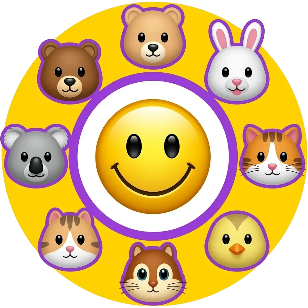 Same with this design.Yellow Smiley in the centre. The smiley  with white and purple background, circle form ,serrounded by the head only of these seven symbols: 🐻🐰🐨🐈🐹🐿🐥 Smaller size. Bright yellow background, bright purple outlines emoji