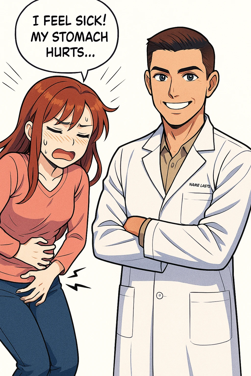 su questo stile fai un manga/webtoon a colori in cui una donna si lamenta che sta male e ha mal di pancia, l'uomo della foto in stile manga gli risponde, ISOLATO SU SFONDO BIANCO emoji