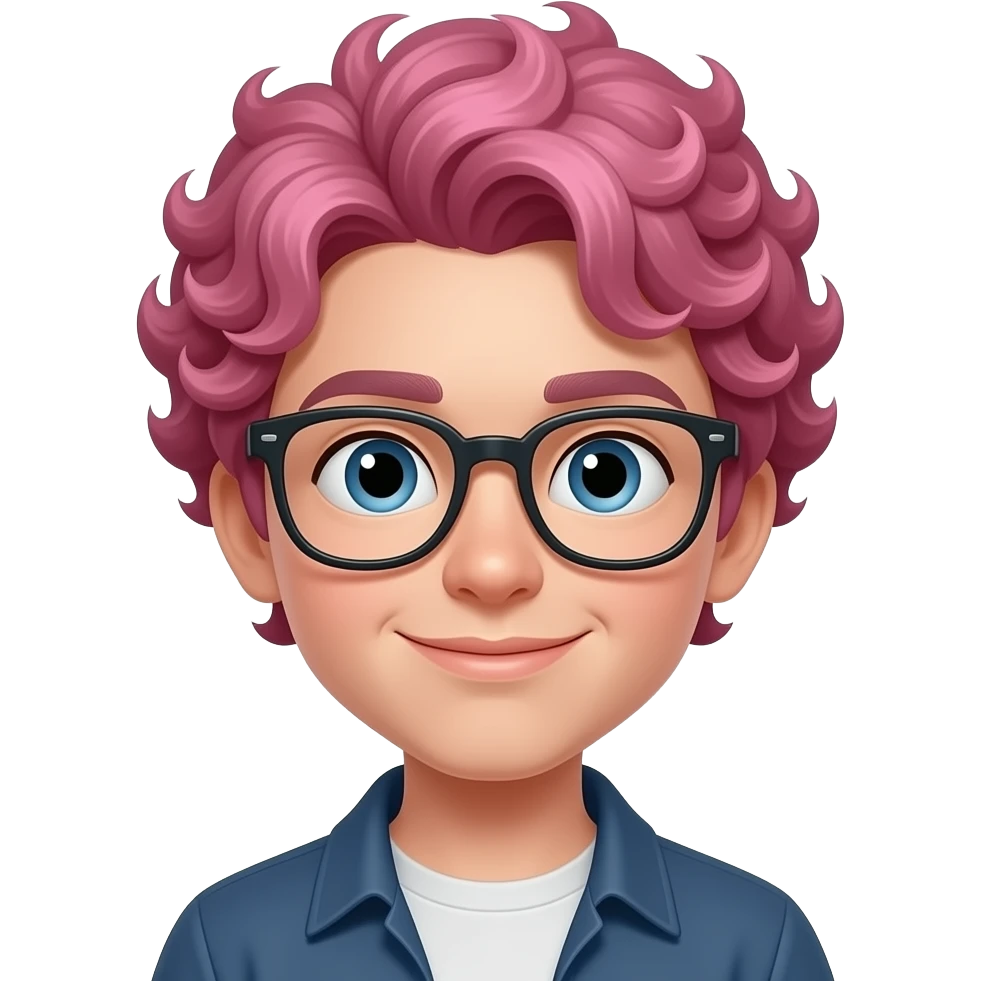 boy with curly pink hairs close up boy wear eye glasses emoji