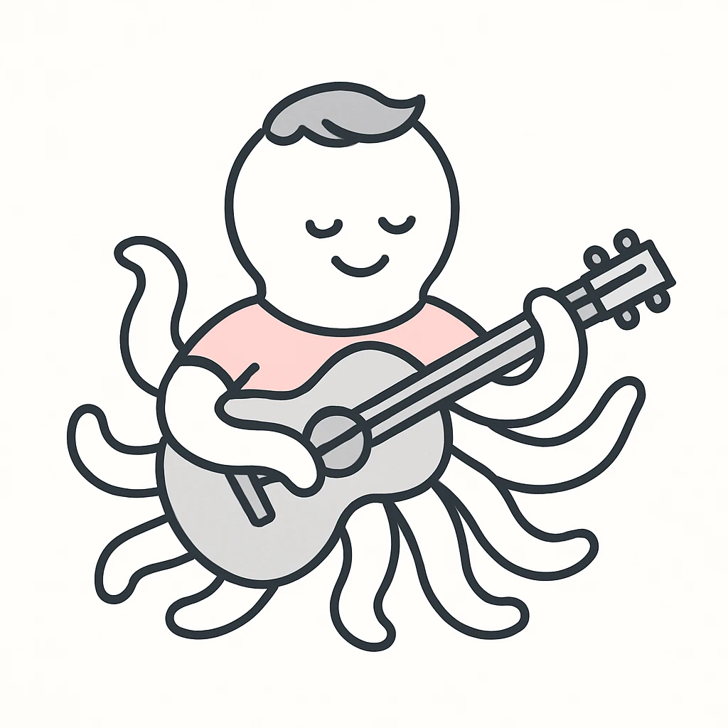 happy octopus with multiple arms playing guitar emoji