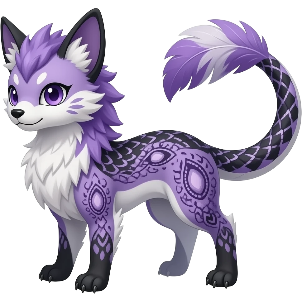 Paisley-patterned Slim feather-maned elegant realistic Asian Furry, feathery fluffy tropical flecked painted feathery scaly, Purple, white, black, Minccino-Bambino-Lykoi-Linoone-Zangoose-fusion-hybrid-animal-Fakémon-creature, full body, thin long sleek scaly tail, intricate markings emoji
