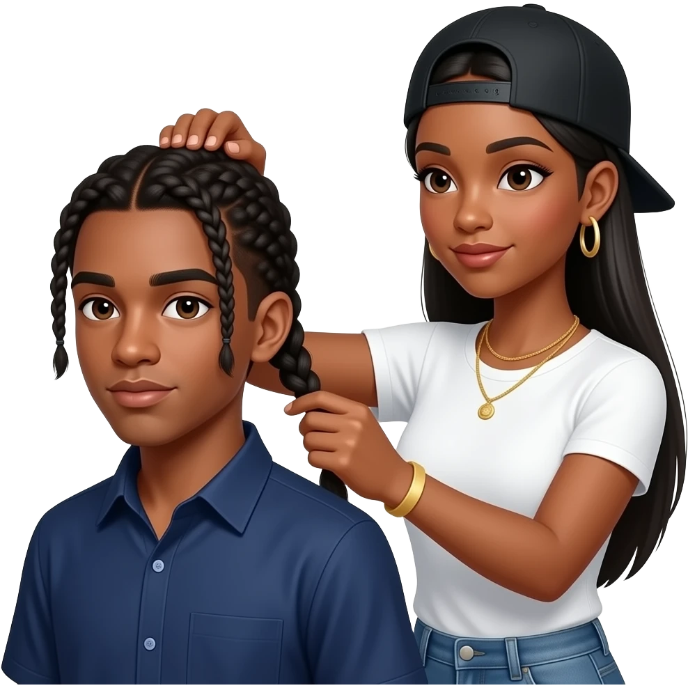 African American teenage boy with two braids in hair wearing a navy blue button up shirt getting hair braided by African American woman with long straight black hair wearing a fitted white t shirt wearing a black adjustable cap backwards on head wearing hoop earrings wearing gold tennis necklaces emoji