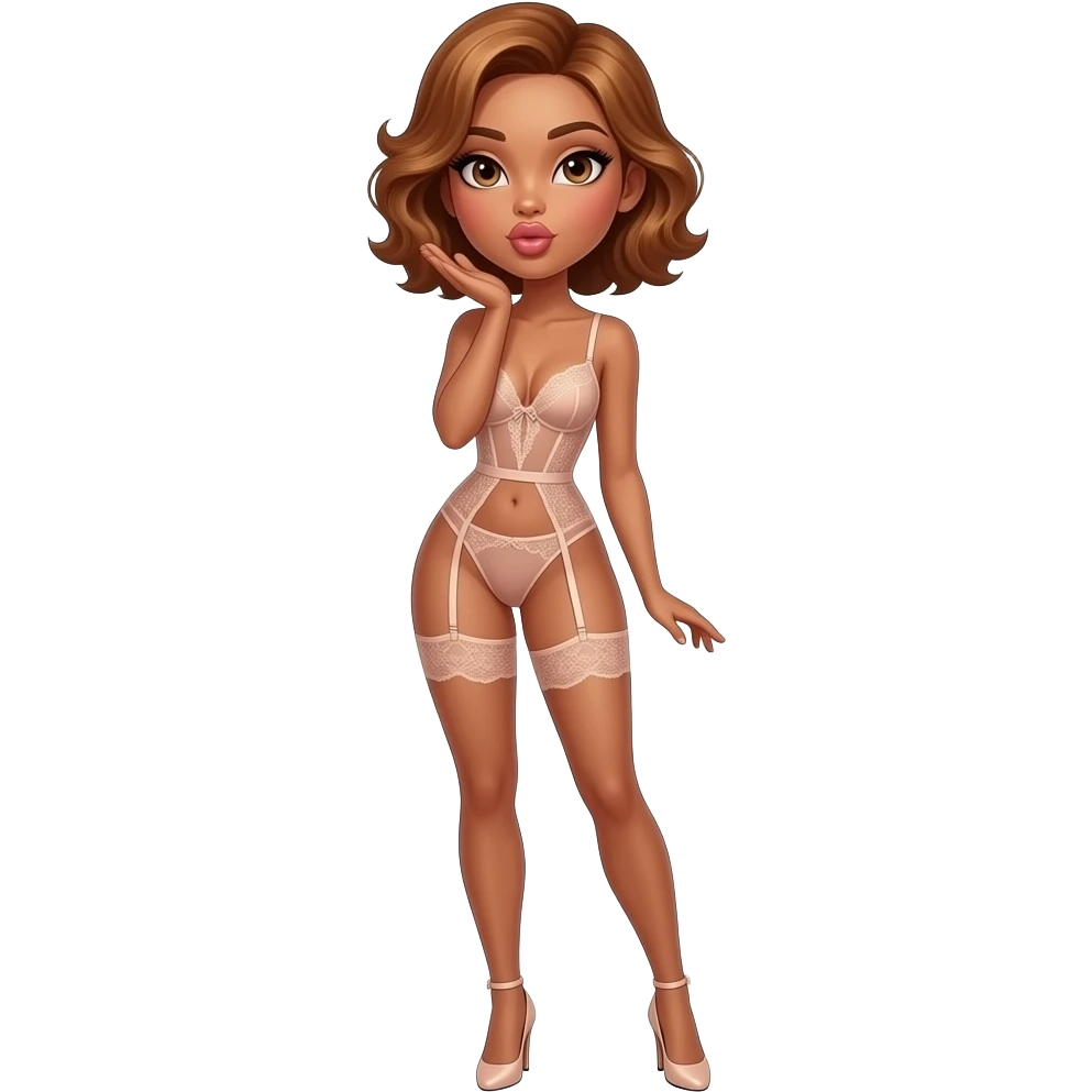 glamours,-tanned,-very-beautiful-woman-with-big-plump-rose-beige-lips,-long-lashes,-honey-silky-very short- hair,-wavy-hair,-hazel-eyes-wearing-nude-lace-lingerie-nude-stilettos-Looks-sexy-winking-blowing-kiss-from-hand-full-body emoji