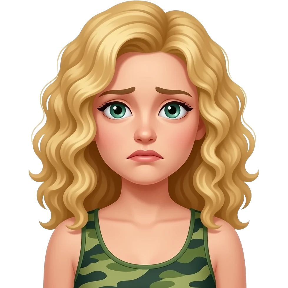 Depressed woman, blonde curly hair , green and blueish eyes, wearing a current tank top in camo green emoji