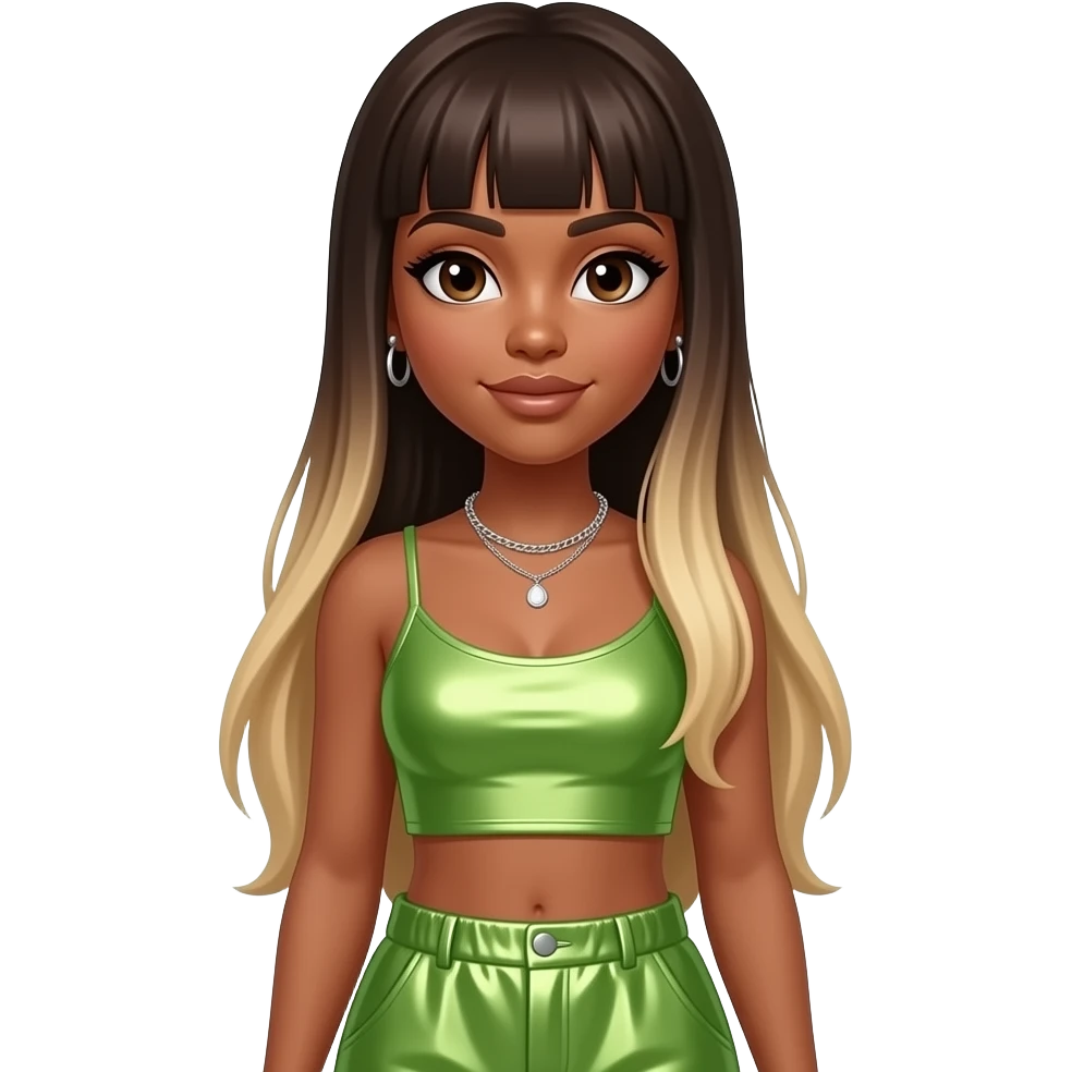Shamari Fears from Blaque with dark brown eyes, long dark brown straight bang hair with blonde ombre, lime metallic crop top, lime metallic baggy pants, necklace and earrings emoji
