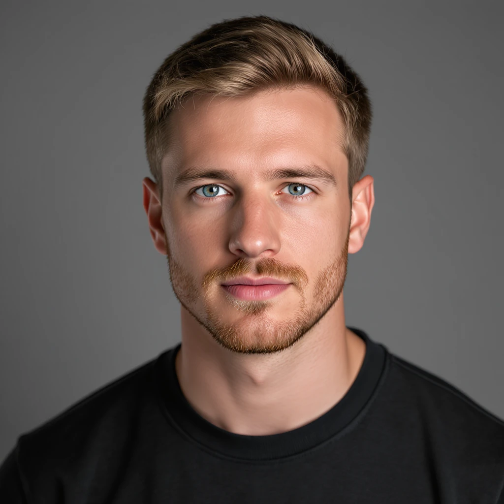 realistic portrait of a guy with dark blonde hair and blue eyes, neutral background emoji