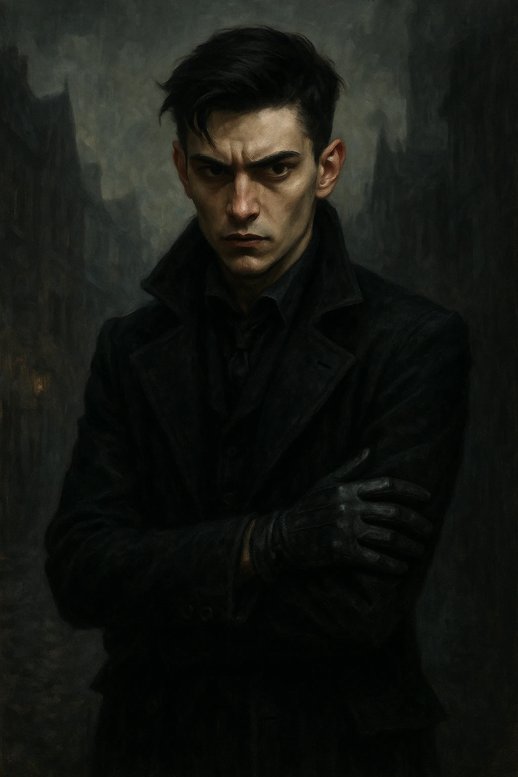 Kaz Brekker from Six of Crows, young man with dark hair, sharp features, wearing a black coat and gloves, intense expression, moody atmospheric style emoji