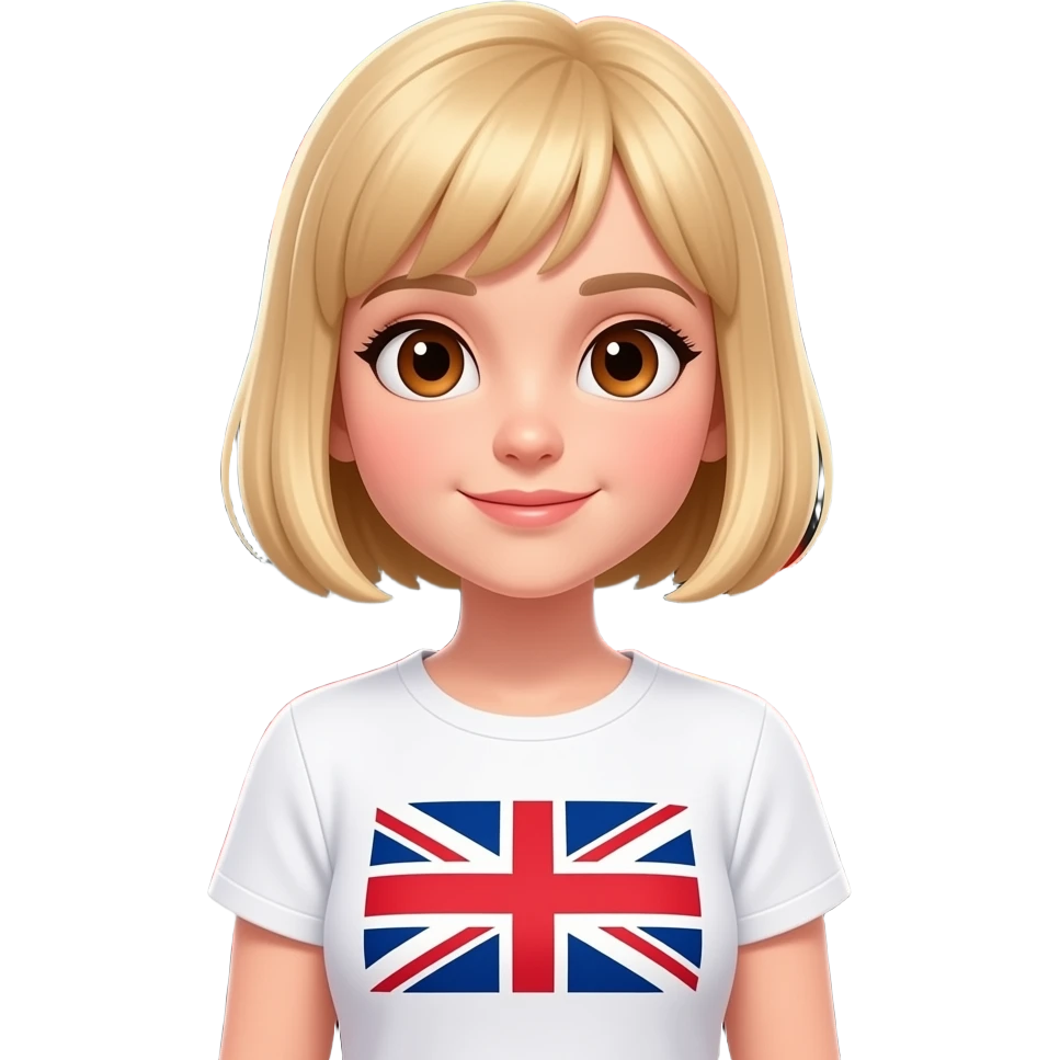 a blond girl with a bob haircut and brown eyes staying near the red bus in the background and wearing a t-shirt with a British flag emoji
