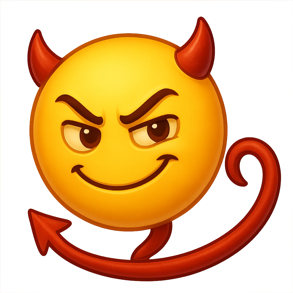 yellow face with red devil tail, digital illustration, emoji style emoji