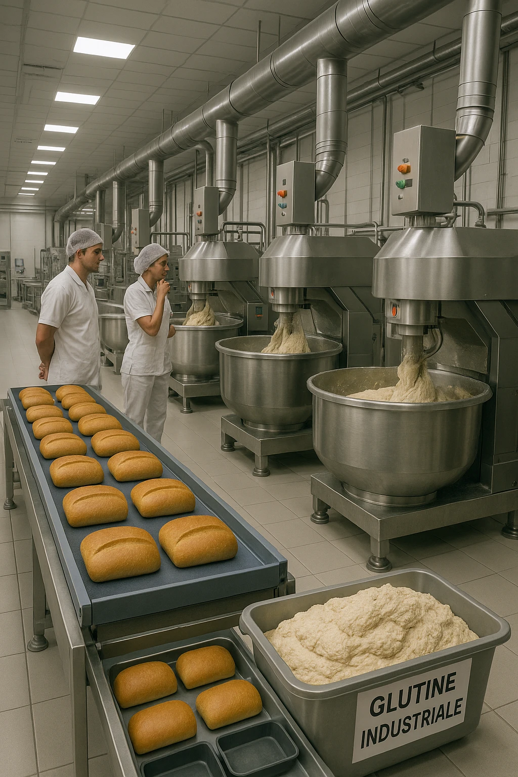 a modern food processing factory interior, with large stainless steel machines mixing and kneading dough. In the foreground, a conveyor belt carries loaves of bread and trays of raw gluten, labeled “Glutine industriale” Workers in uniforms and hairnets monitor the process. The atmosphere is clean, efficient, and slightly clinical. emoji