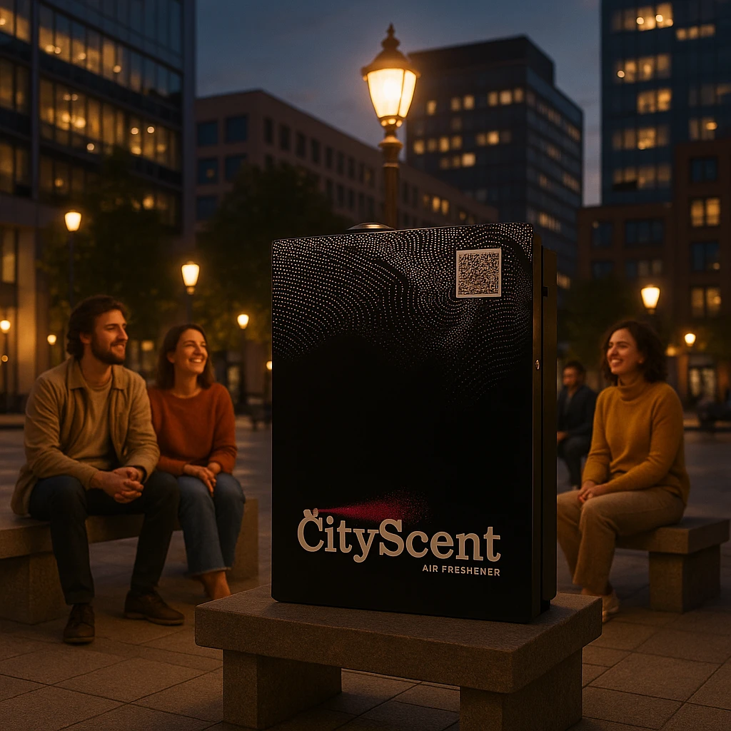 Place this exact CityScent air freshener machine in a city plaza at dusk, surrounded by softly glowing streetlights and modern buildings. Show a few people relaxing around the machine, looking happy and comfortable, enjoying the scent. The style should be photorealistic, realistic and inviting. emoji