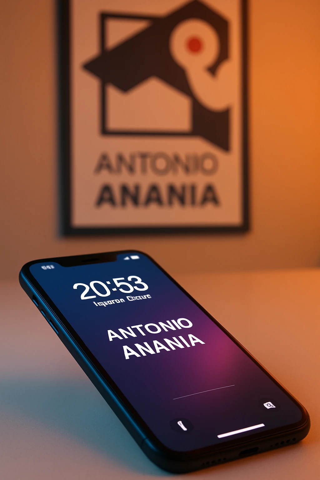 A photo of an iPhone on the desk with the message "Antonio Anania" on its screen, The phone sits atop a desk with a blurred background that suggests work environment. A faint glow from above casts gentle shadows across the surface of each object, creating depth and highlighting their textures emoji