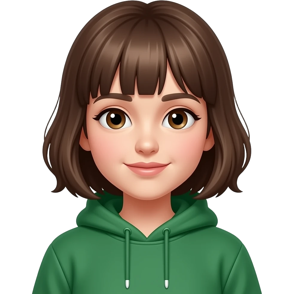 brunette bangs and green sweatshirt emoji