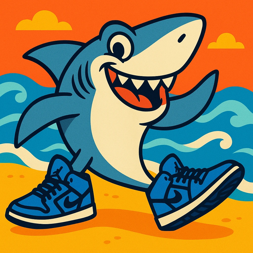 playful shark at the beach shore, each fin sporting a blue Jordan sneaker, with waves in the background, fun and lively style emoji